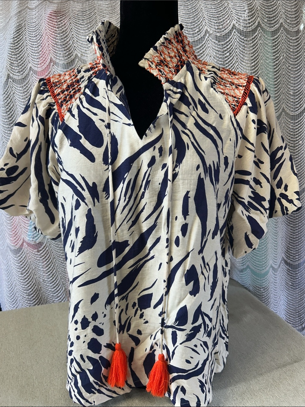 Navy & Cream Printed Smocked-Shoulder Ladies Shirt- Voy brand